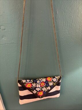 Embroidered Floral Black & White Stripe Crossbody Clutch